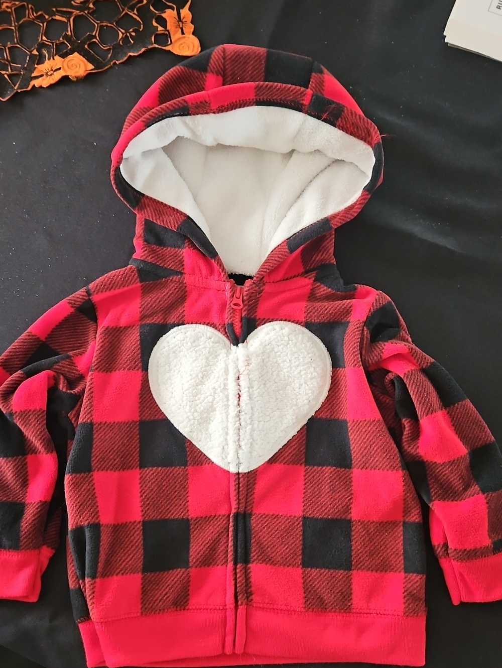 Carter's Red & Black Buffalo Plaid Hooded Jacket with White Heart Patch